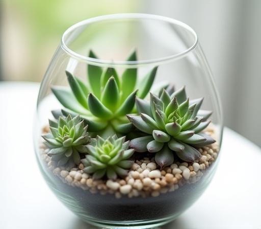 ガラス容器に寄せ植えされた多肉植物